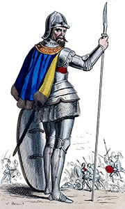 Manteau-cape porté par Jean IV de Rieux, dessin de Léopold Massard - reproduction © Norbert Pousseur