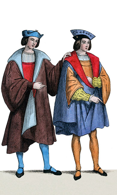Bourgeois vêtus assez simplement au 16ème siècle - gravure reproduite et restaurée par © Norbert Pousseur