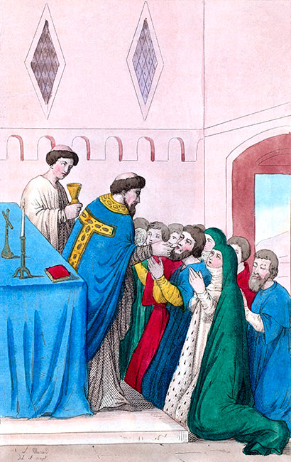 Communion à une messe du 12e siècle, dessiné par Léopold Massard - Gravure  reproduite puis restaurée par © Norbert Pousseur