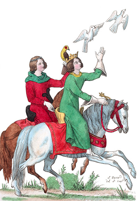 Chasse royale avec faucon au 13e siècle, dessiné par Léopold Massard - Gravure  reproduite puis restaurée par © Norbert Pousseur