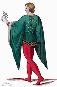 Souliers à la Poulaine portés par Guillaume de Lorris, dessin de Léopold Massard - reproduction © Norbert Pousseur