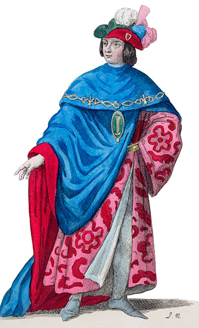 Chevalier avec avec le costume de l'Ordre de Notre-Dame-du-Chardon, dessin de Léopold Massard  - Gravure restaurée par © Norbert Pousseur