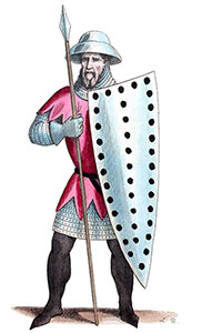 Soldat du XIVe siècle au bouclier-panier,  - reproduction © Norbert Pousseur