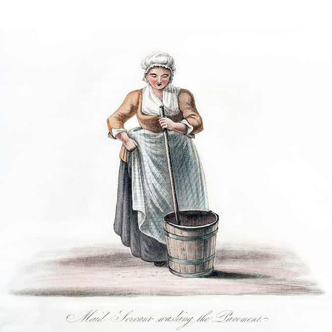 Dutch maid washing the floor   - Engraving reproduced and digitally restored by © Norbert Pousseur