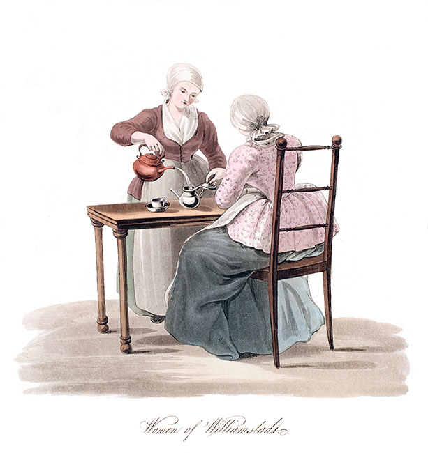 Dutch women around a cup of tea - engraving reproduced and digitally restored by © Norbert Pousseur