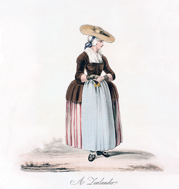 Zeeland woman in party dress, circa 1800 - engraving reproduced and digitally restored by © Norbert Pousseur
