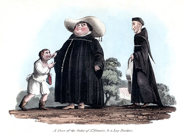 A Madère, un gros franciscain et son maigre frère lai  - gravure de 1821  reproduite et restaurée numériquement par © Norbert Pousseur