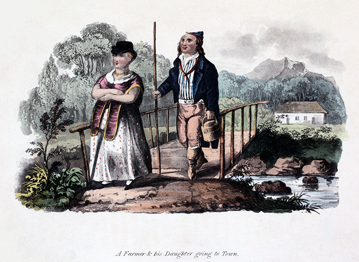 Fermier et sa fille allant en ville à Madère vers 1820  - gravure reproduite et restaurée par © Norbert Pousseur