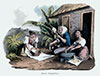 Vignette : Activités rurales féminines à Madère vers 1820  - gravure reproduite et restaurée par © Norbert Pousseur