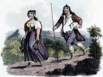 Pour comparaison, couple d'habitants de l'Ouest de l'île de Madère vers 1820  - gravure reproduite et restaurée par © Norbert Pousseur