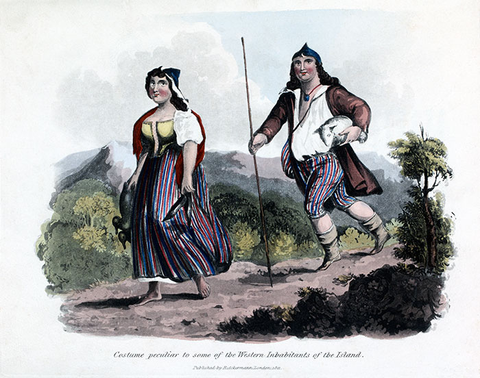 Couple d'habitants de l'Ouest de l'île de Madère vers 1820  - gravure reproduite et restaurée par © Norbert Pousseur