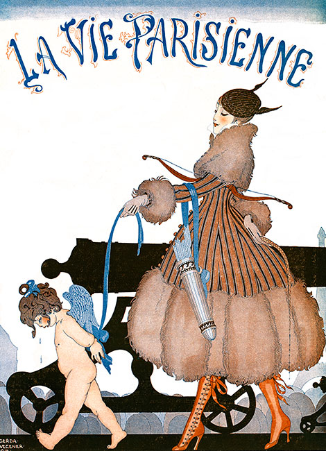 Parisienne en fourrure tenant l'Amour en laisse sur fond de guerre, de Gerda Wegener - illustration reproduite et restaurée numériquement par © Norbert Pousseur