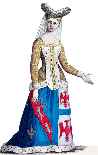 Jeanne de Montagu en son costume, dessiné par Massard - Gravure  reproduite puis restaurée par © Norbert Pousseur