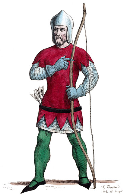 Archer du 14ème siècle, dessiné par Léopold Massard - Costumes de France - Gravure  reproduite puis restaurée par © Norbert Pousseur