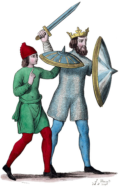 Ecuyer accompagnant Pépin II, dessiné par Léopold Massard - Gravure  reproduite puis restaurée par © Norbert Pousseur