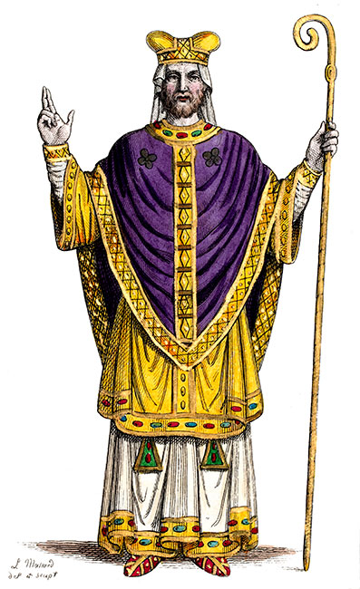 Ulger, évêque d'Angers en son costume, dessiné par Lopold Massard - Gravure  reproduite puis restaurée par © Norbert Pousseur