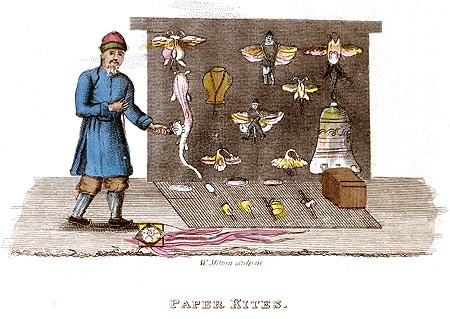 La tradition du papier - les cerfs-volants - Chine en 1800 - Reproduction de gravure © Norbert Pousseur