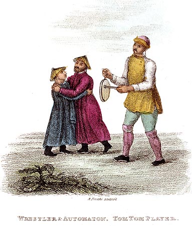 Lutteur et automate, joueur de tam-tam - Chine en 1800 - Reproduction de gravure © Norbert Pousseur
