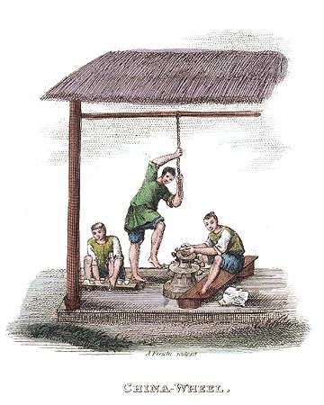 Tour à pied de potier chinois - Chine en 1800 - Reproduction de gravure © Norbert Pousseur