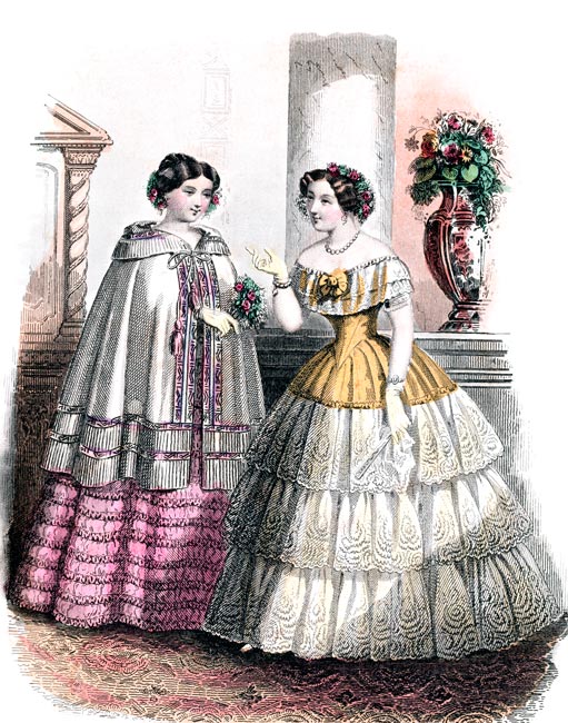Talma et robe de taffetas, gravure Cendrillon décembre 1851 - Gravure  reproduite puis restaurée par © Norbert Pousseur