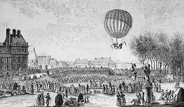 Gravure de Boutelou d'un ballon à gaz au Tuileries, reproduction Norbert Pousseur