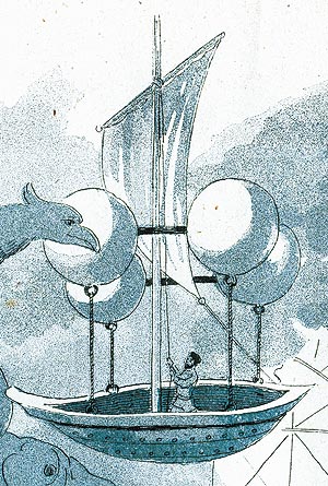 Aérostat barque, gravure reproduite par Norbert Pousseur