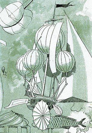 Bateau suspendu par des ballons, gravure reproduite par Norbert Pousseur