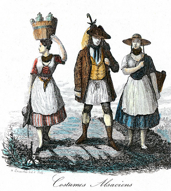 Costumes traditionnel alsaciens du 19ème siècle, gravure reproduite et retraitée par © Norbert Pousseur