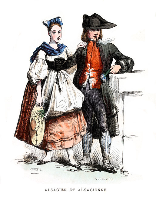 Couple d'alsacien en tenue de f&ecirc;te vers 1840, gravure reproduite et retrait&eacute;e par &copy; Norbert Pousseur