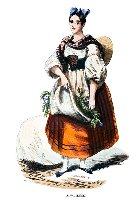 Jeune alsacienne en costume traditionnel du 19ème siècle reproduite et retraitée par © Norbert Pousseur