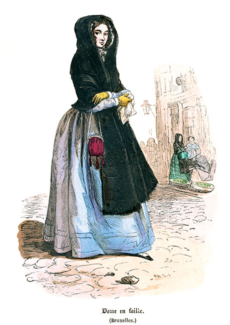 Citadine de Bruxelles en costume traditionel vers 1840 - Gravure  reproduite puis restaurée par © Norbert Pousseur