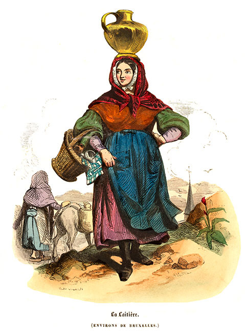 Laitière de Bruxelles en costume traditionel vers 1840 - Gravure  reproduite puis restaurée par © Norbert Pousseur