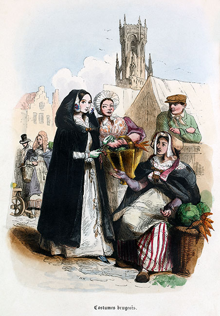 Jeunes femmes de Bruges en costume traditionel vers 1840 - Gravure  reproduite puis restaurée par © Norbert Pousseur