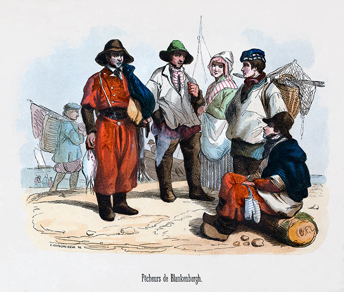 Pêcheurs de Flandre en costume traditionel vers 1840 - Gravure  reproduite puis restaurée par © Norbert Pousseur