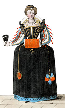 Vignette : Demoiselle du 16ème siècle avec parfilures- gravure reproduite et restaurée par © Norbert Pousseur