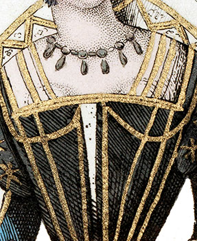 Parfilures sur le corsage d'une demoiselle du 16ème siècle - gravure reproduite et restaurée par © Norbert Pousseur