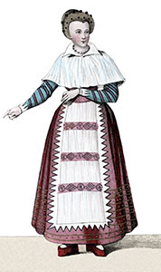 Vignette : Demoiselle en peignoir au 16ème siècle avec une pèlerine  - gravure reproduite et restaurée par © Norbert Pousseur