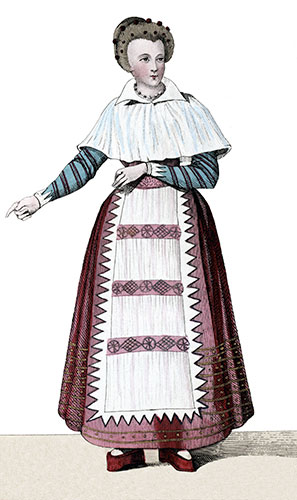 Vignette : Demoiselle en peignoir au 16ème siècle - gravure reproduite et restaurée par © Norbert Pousseur