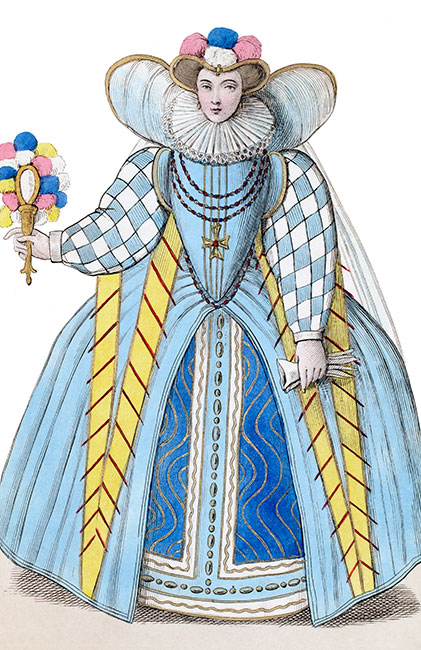 Elisabeth d'Autriche, reine de France, en costume à vertugadin, gravure reproduite puis restaurée numériquement par © Norbert Pousseur