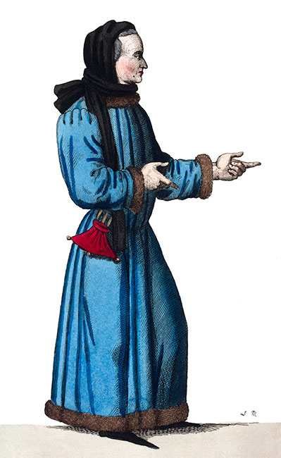 Bourgeois en robe longue au 15ème siècle dessiné par Léopold Massard - gravure reproduite et restaurée par © Norbert Pousseur