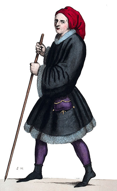 Bourgeois en chausses au 15ème siècle dessiné par Léopold Massard - gravure reproduite et restaurée par © Norbert Pousseur