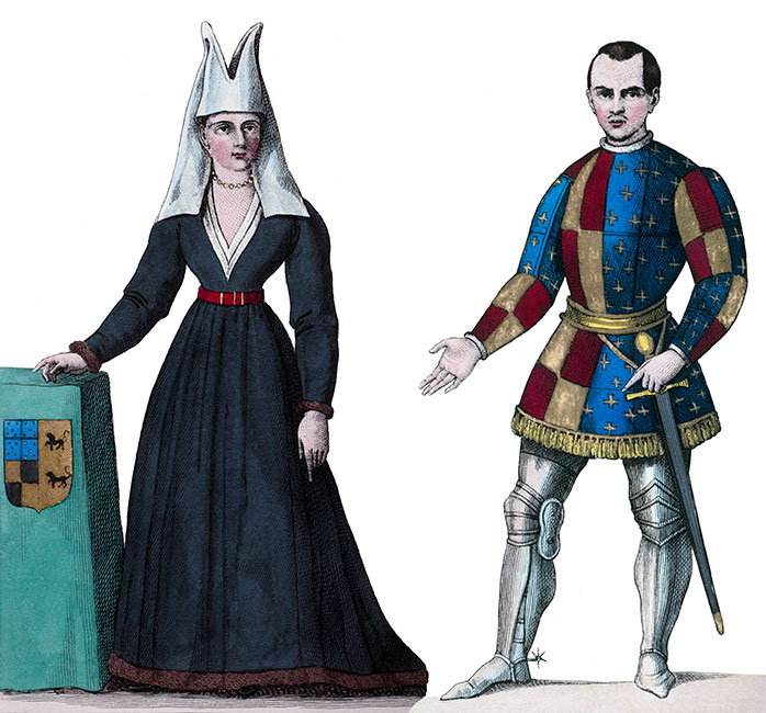Les époux, Laurette de Jaucourt et Michel de Chaugy  en leur costume, dessinés par Massard - Gravure de 1855  reproduite puis restaurée par © Norbert Pousseur