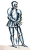 Imagette de Gendarme en sa tenue de fonction au 15ème siècle, dessiné sans doute par Léopold  Massard - Costumes de France - Gravure  reproduite puis restaurée par © Norbert Pousseur