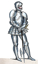 Gendarme en sa tenue de fonction au 15ème siècle, dessiné sans doute par Léopold  Massard - Costumes de France - Gravure  reproduite puis restaurée par © Norbert Pousseur