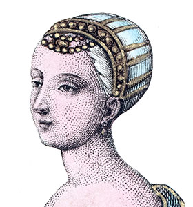 Détail de la coiffe portée par Agnès Sorel, dessin de Léopold Massard - reproduction © Norbert Pousseur