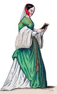 Antoinette de Bourbon avec une de la fourrure d'hermine, dessin de Léopold Massard - reproduction © Norbert Pousseur