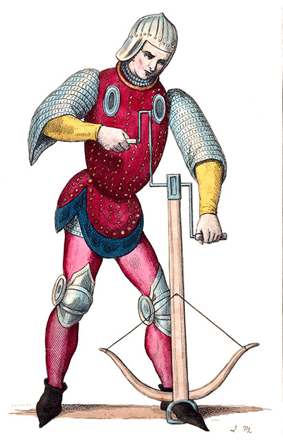 Arbalétrierr armant, du 14e siècle, dessiné par Léopold Massard - Gravure  reproduite puis restaurée par © Norbert Pousseur