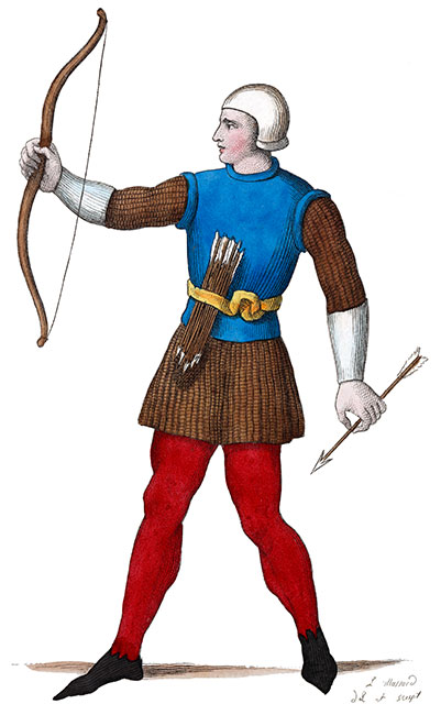 Archer-piéton du 13ème siècle, dessiné par Léopold Massard - Costumes de France - Gravure  reproduite puis restaurée par © Norbert Pousseur