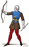 Archer-piéton du 13ème siècle, dessiné par Léopold Massard - Costumes de France - Gravure  reproduite puis restaurée par © Norbert Pousseur