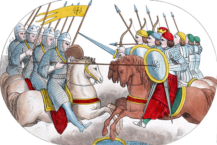 Une des batailles des Croisades, dessin de Massard - Gravure  reproduite puis restaurée par © Norbert Pousseur